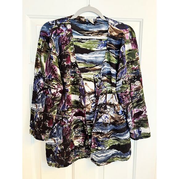 Alberto Makali Cardigan -  Black Blue Abstract- Open Front Ruffle - size XL - Picture 1 of 4